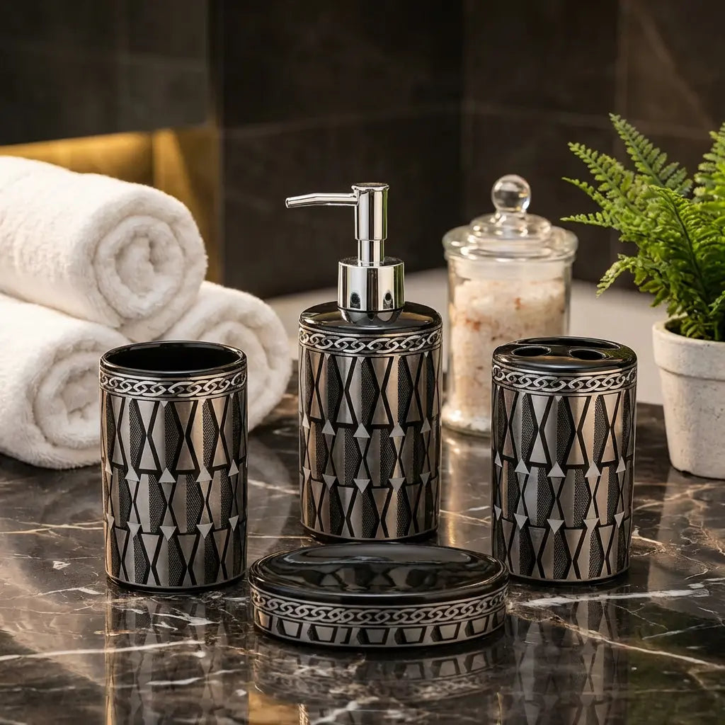 4-Piece Art Deco Bathroom Set - Black Gold Geometric Tribal Design with Chrome Pump