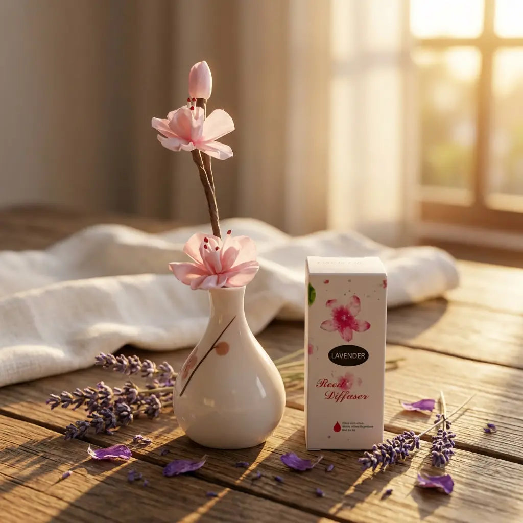 Lavender Scented Reed Diffuser - White Ceramic Bottle with Pink Flower Accents