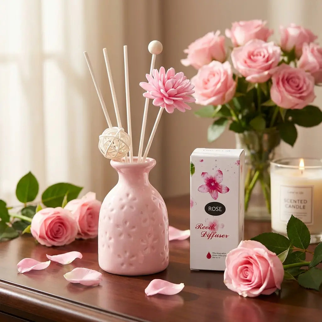 Rose Scented Reed Diffuser - Pink Textured Ceramic Bottle with Decorative Accents