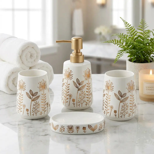 4-Piece Floral Botanical Bathroom Set - White Ceramic with Gold Design & Pump