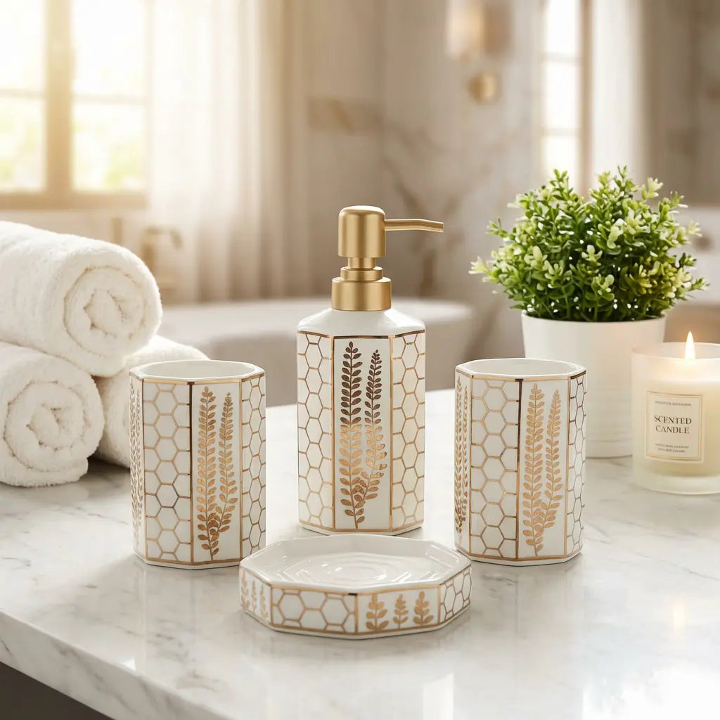 4-Piece Honeycomb Fern Bathroom Set - White Ceramic Gold Hexagon & Botanical Design