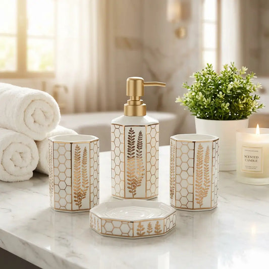 4-Piece Honeycomb Fern Bathroom Set - White Ceramic Gold Hexagon & Botanical Design