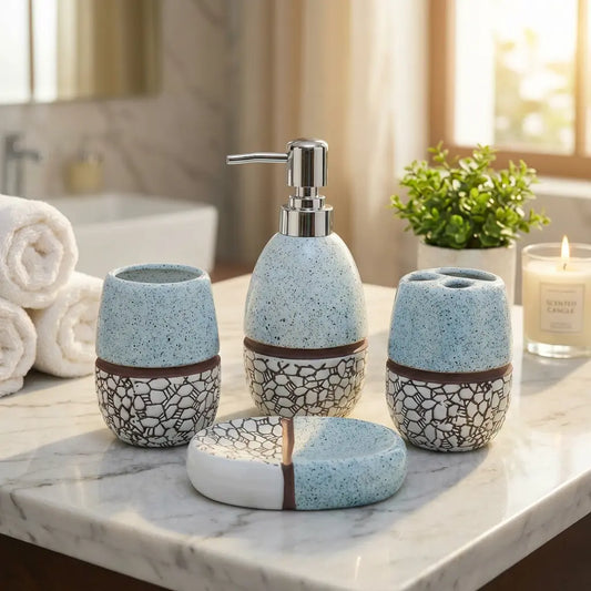 4-Piece Mosaic Crackle Bathroom Set - Blue Speckled Ceramic with Chrome Pump