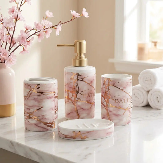 4-Piece Pink Marble Bathroom Set - Rose Gold Veined Ceramic with Gold Pump
