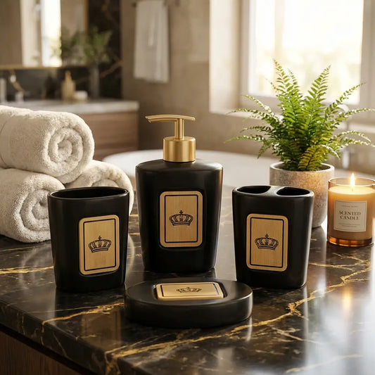 4-Piece Royal Black Bathroom Accessories Set - Luxury Matte Black with Gold Crown Design
