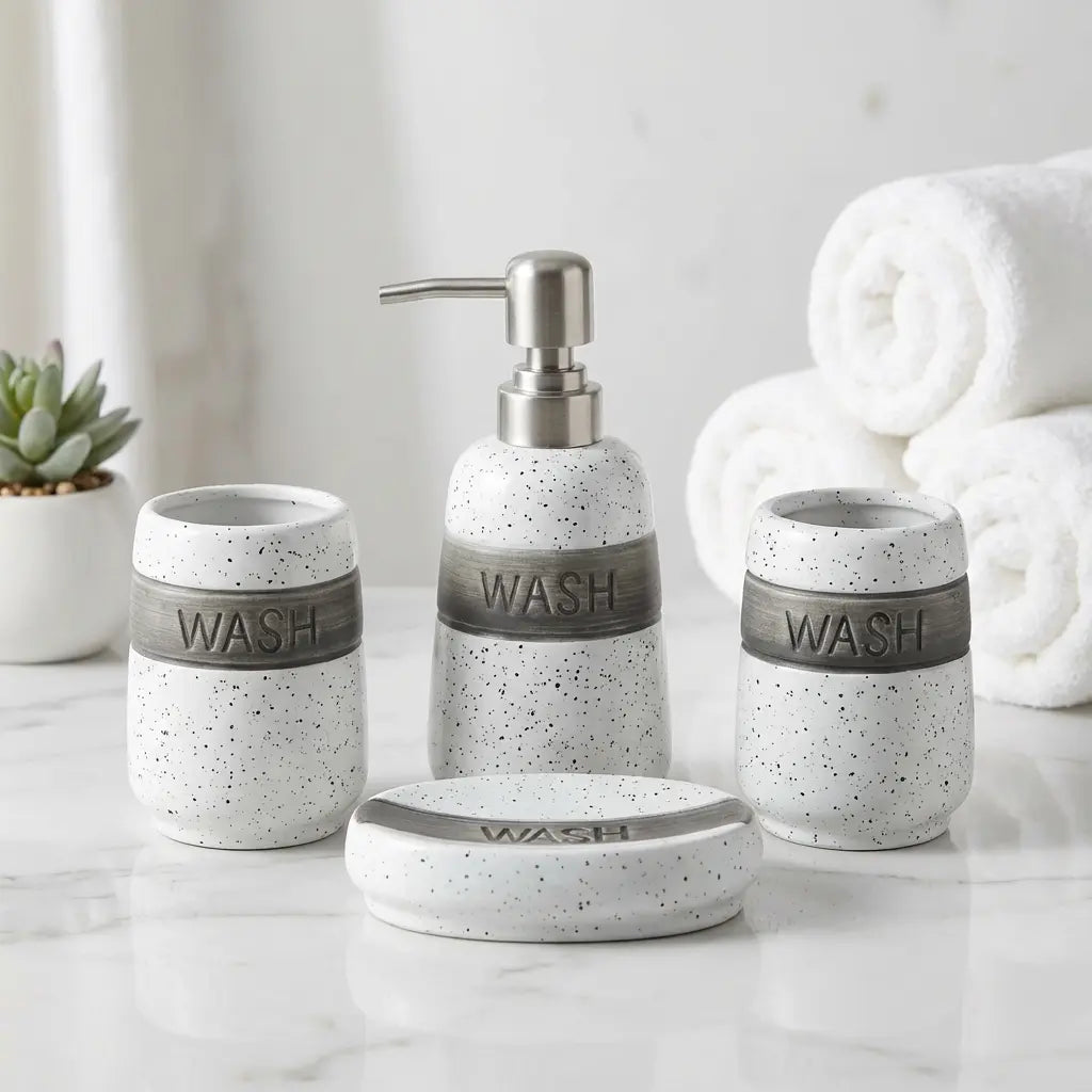 4-Piece Speckled Ceramic Bathroom Set - Modern WASH Design with Stainless Steel Pump