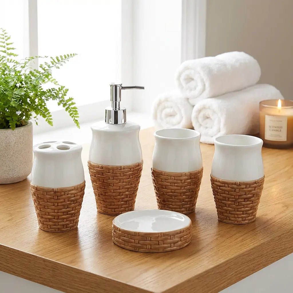 5-Piece Rattan Bathroom Accessories Set - Natural Wicker Ceramic Organizer with Chrome Pump