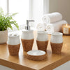 5-Piece Rattan Bathroom Accessories Set - Natural Wicker Ceramic Organizer with Chrome Pump