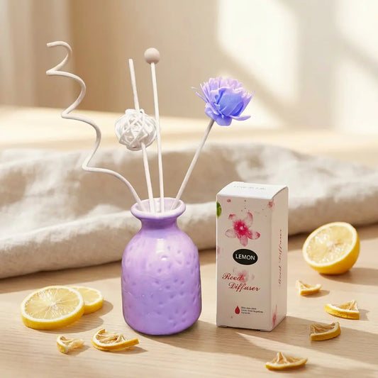Lemon Scented Reed Diffuser - Purple Textured Ceramic Bottle with Floral Accents