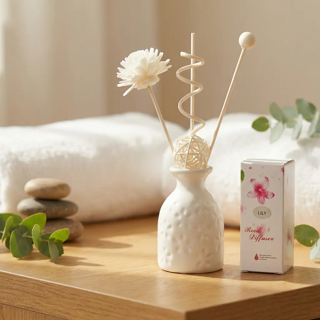 Lily Scented Reed Diffuser - White Textured Ceramic Bottle with Floral Accents
