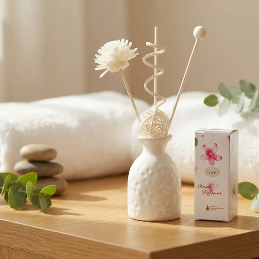 Lily Scented Reed Diffuser - White Textured Ceramic Bottle with Floral Accents
