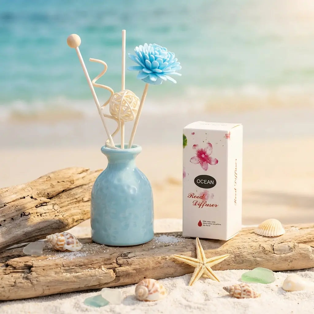 Ocean Scented Reed Diffuser - Blue Ceramic Bottle with Decorative Sticks & Flower