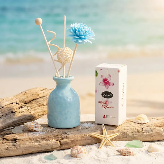 Ocean Scented Reed Diffuser - Blue Ceramic Bottle with Decorative Sticks & Flower
