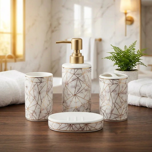 4-Piece Luxury Geometric Bathroom Accessories Set - Ceramic Organizer with Gold Dispenser